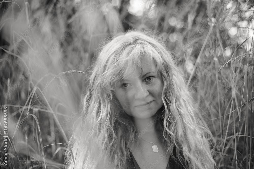 A black-and-white portrait of a woman with Slavic features and straw-colored hair, standing amidst tall grass in an open field, blending elegance withnature's raw beauty.