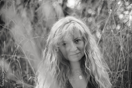 Obraz na płótnie A black-and-white portrait of a woman with Slavic features and straw-colored hair, standing amidst tall grass in an open field, blending elegance withnature's raw beauty. w salonie