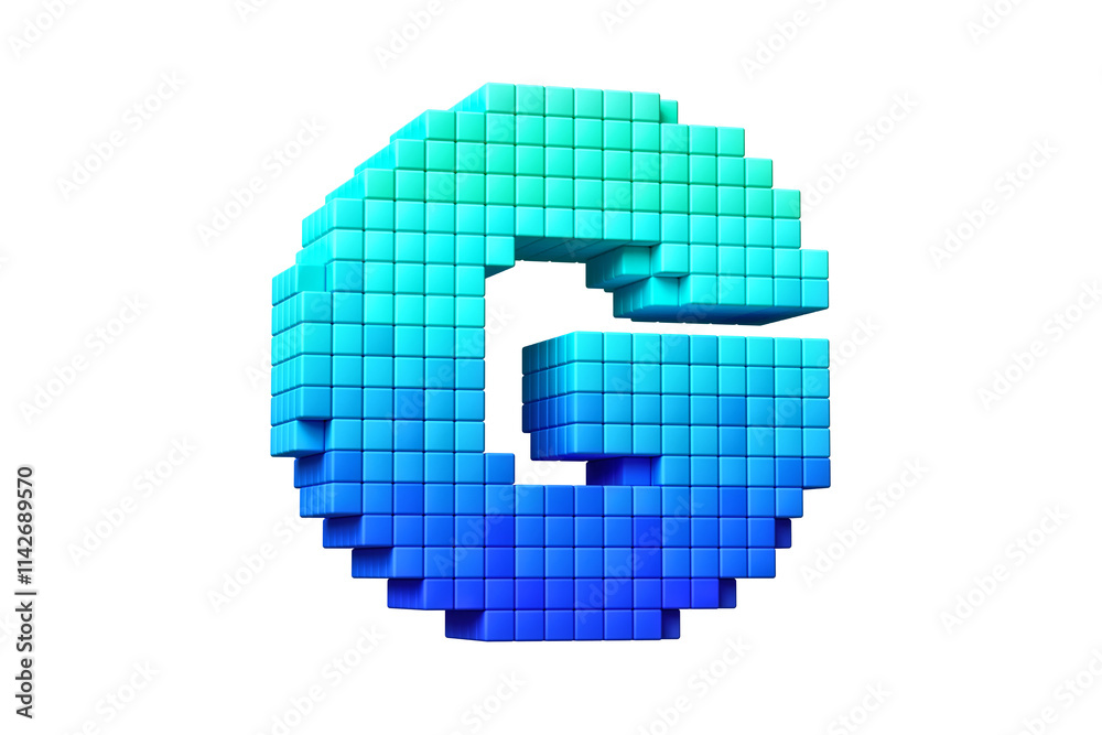 Arcade old school style pixel art font letter G in blue shades. High quality 3D rendering.