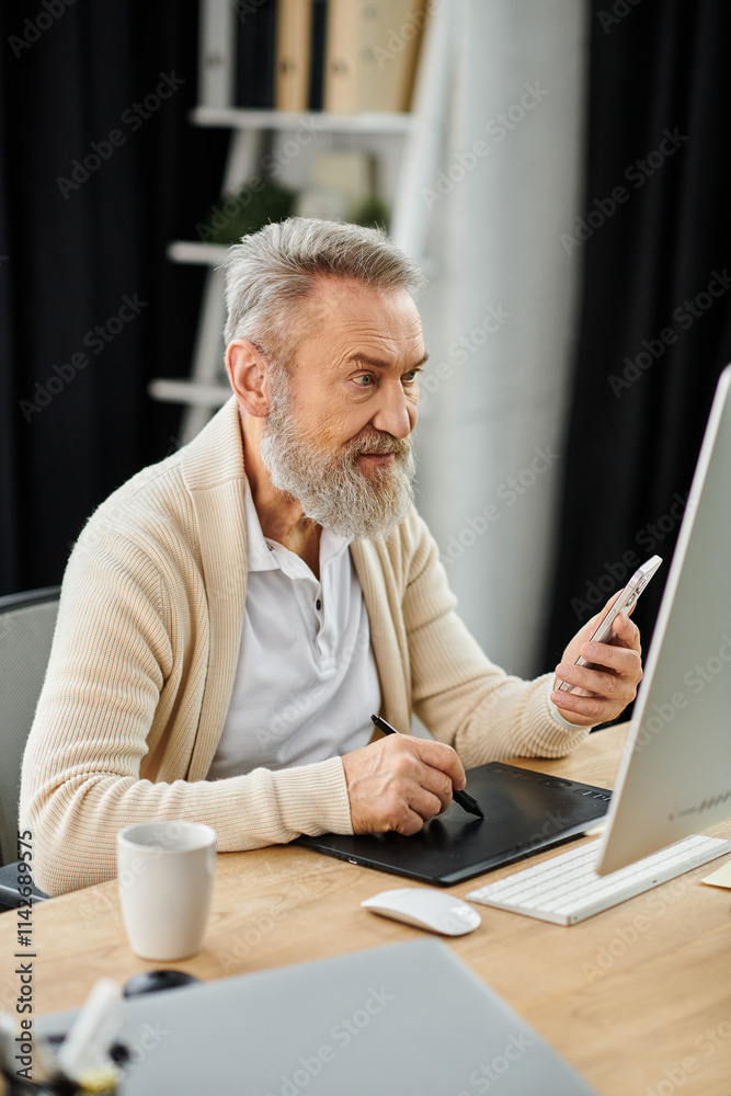Handsome senior man engaged with phone and computer at a bright workspace Handsome senior man engaged with phone and computer at a bright workspace