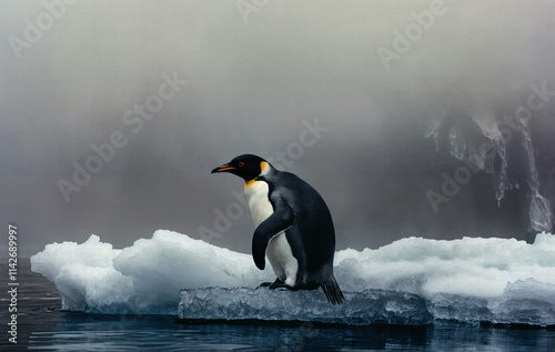 a penguin standing on a small ice floe in the water, with a misty sky and a larger ice formation in the background. photo