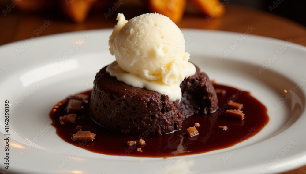 Decadent molten chocolate cake topped with vanilla ice cream and chocolate sauce on a white plate Decadent molten chocolate cake topped with vanilla ice cream and chocolate sauce on a white plate