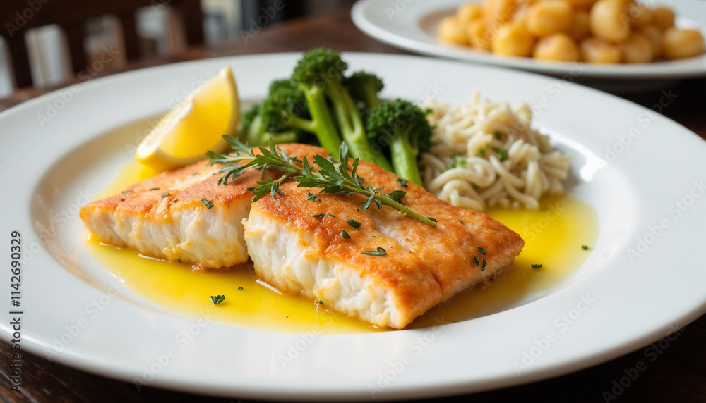 Grilled fish fillet served with lemon, herbs, broccoli, and noodles on a white plate Grilled fish fillet served with lemon, herbs, broccoli, and noodles on a white plate
