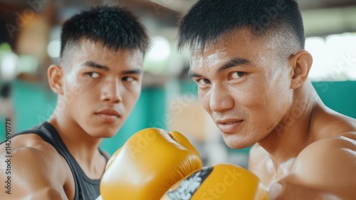 Two determined boxers posing with gloves in a training gym.