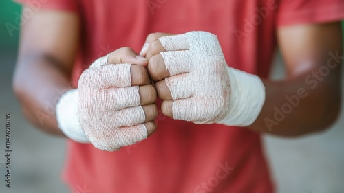 Boxer with wrapped hands ready for training or competition.
