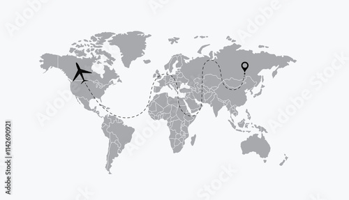 World map vector background with Airplanes, dotted lines, and location icons, Around the world via aircraft travel concept.11