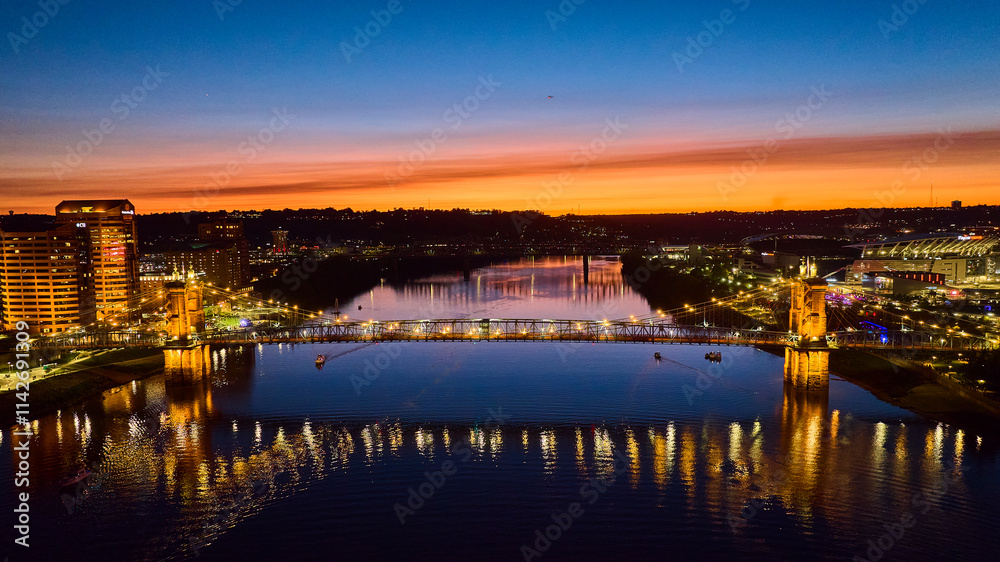 Aerial of Roebling Bridge at Dusk with Vibrant Skyline Reflections Aerial of Roebling Bridge at Dusk with Vibrant Skyline Reflections