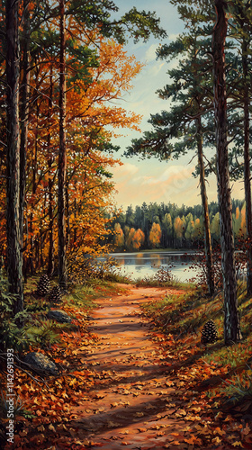 Oil Painting Autumn Forest Lake Path