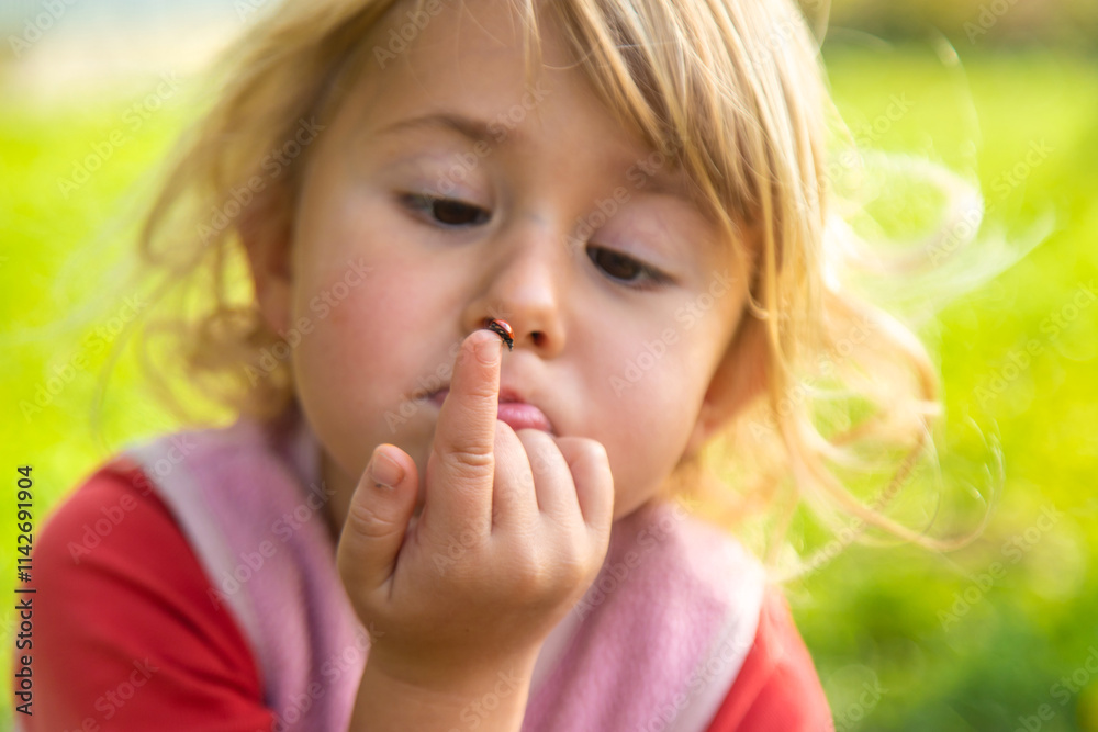 Child playing with ladybug. Selective focus. Child playing with ladybug. Selective focus.