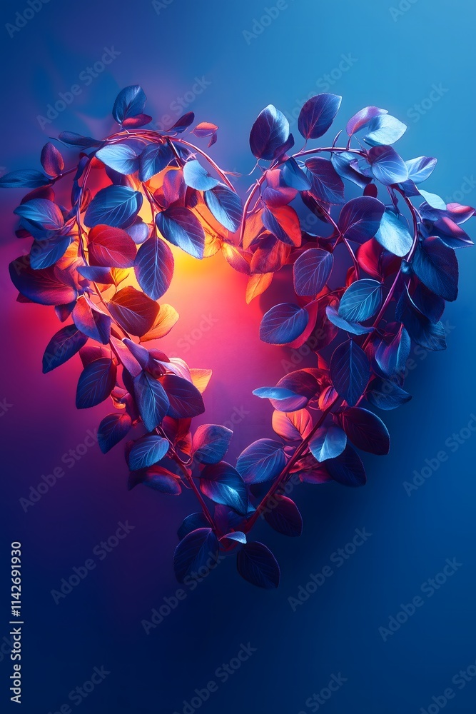 Two branches with leaves form a heart with neon colors on a dark blue background. Valentine, indoor plant lover concept.