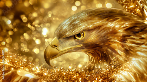 Gold eagle head, portrait on golden shimmering background