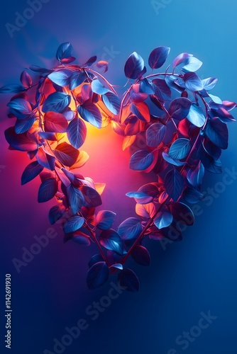 Obraz na płótnie Two branches with leaves form a heart with neon colors on a dark blue background. Valentine, indoor plant lover concept. w salonie