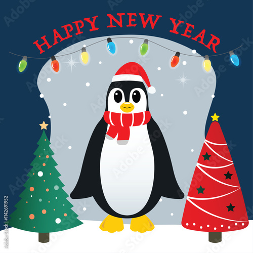 Festive New Year illustration featuring a cute penguin in a Santa hat and scarf, surrounded by christmas trees, colorful lights, and a winter scene. Perfect for holiday cards, decor, and designs.