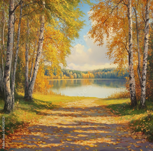 Oil Painting Russian Landscape Lake Trees