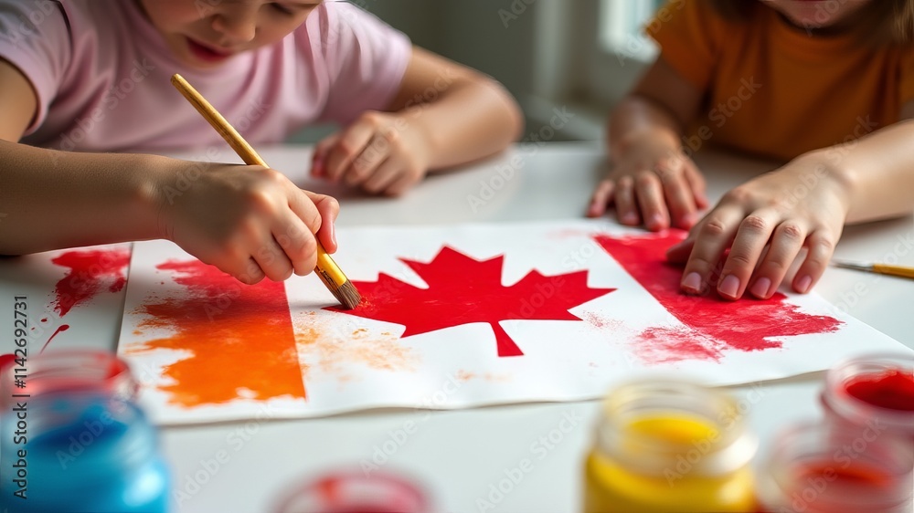 Two children painting a canadian flag on a piece of paper Two children painting a canadian flag on a piece of paper