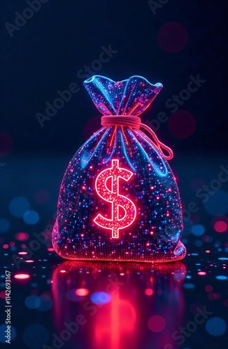 Neon money bag with glowing dollar symbol on reflective surface