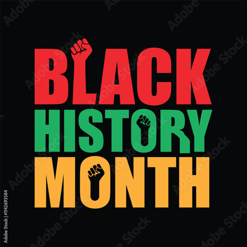 Black history month banner template design with vector typography and fist hand icon. African flag colors red, green, yellow text on black background. Africa American cultural holiday celebration.