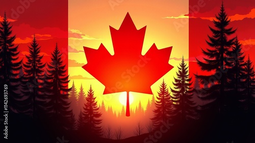 A canadian flag with a maple leaf in the middle of a forest