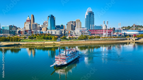 Aerial of Cincinnati Skyline with Riverboat on Ohio River