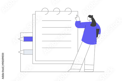 Office worker taking notes. Writing in notepad with pencil, making checklist. Documents concept. Flat Cartoon Vector Illustration, icon. Stylish abstract Blue 