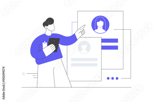 HR management. Looking for new employees. Man with candidate search. Looking at job candidate profiles. Headhunting, recruitment to company.  Flat Cartoon Vector Illustration, icon. Stylish abstract