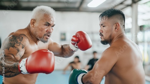 Two boxers engaged in a sparring match with focused expressions.
