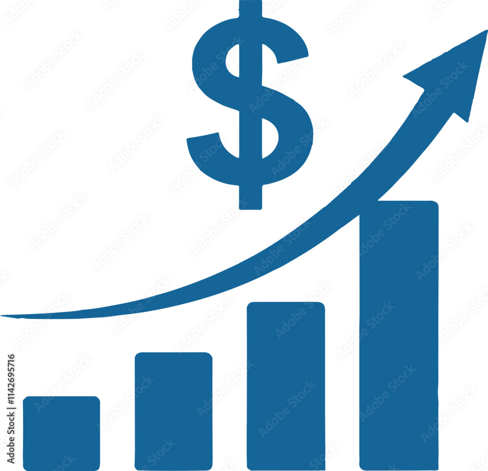 Vector Illustration of Blue Bar Chart with Ascending Bars, Upward Arrow, and Dollar Sign Vector Illustration of Blue Bar Chart with Ascending Bars, Upward Arrow, and Dollar Sign