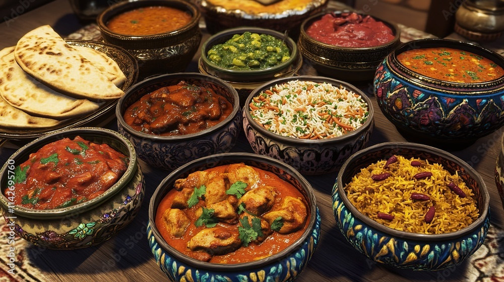A table laden with a variety of delicious Indian dishes, including curries, rice, naan bread, and vegetable dishes, served in ornate bowls.