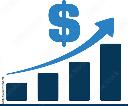 Vector Illustration of Blue Bar Chart with Ascending Bars, Upward Arrow, and Dollar Sign