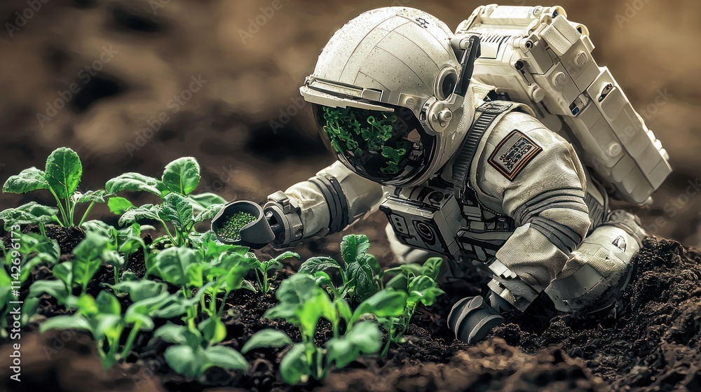 Astronaut tending to plants on alien soil. Astronaut tending to plants on alien soil.
