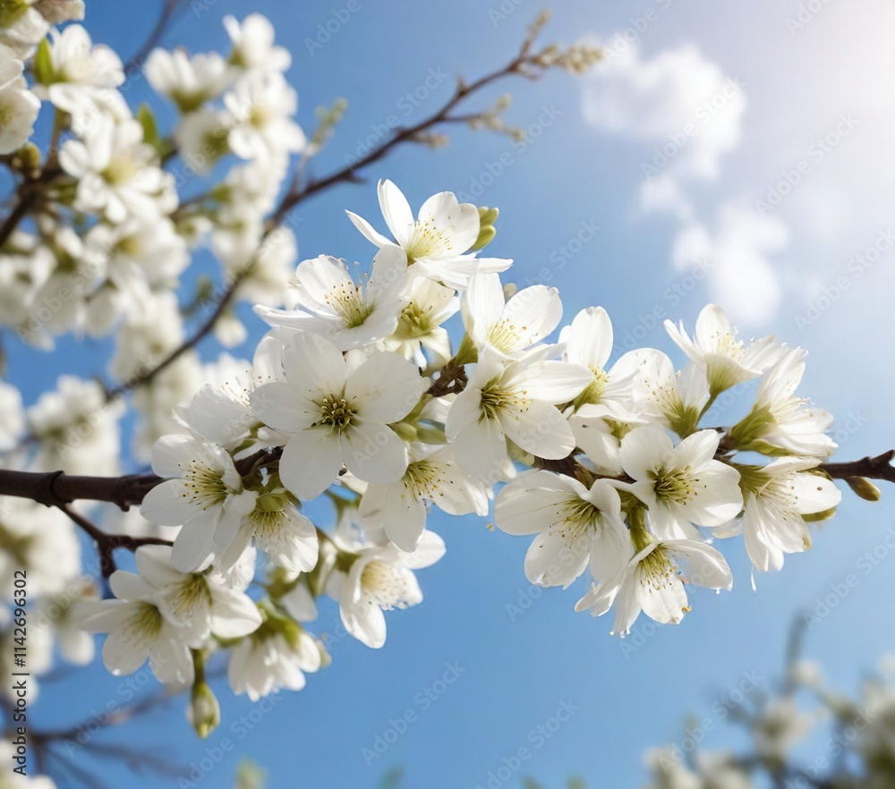 Close-up of blooming white flowers on tree branch with bright sky, blossoming petals, close-up, outdoor beauty, tree in bloom Close-up of blooming white flowers on tree branch with bright sky, blossoming petals, close-up, outdoor beauty, tree in bloom