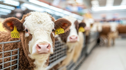 Market bustling with animal products, representing the trade and commerce generated by farming activities. photo