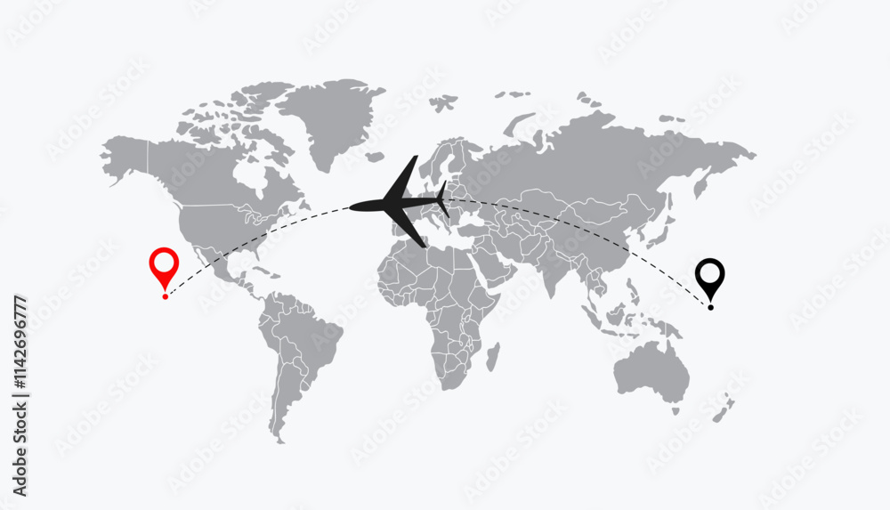 World map vector background with Airplanes, dotted lines, and location icons, Around the world via aircraft travel concept.1 World map vector background with Airplanes, dotted lines, and location icons, Around the world via aircraft travel concept.1