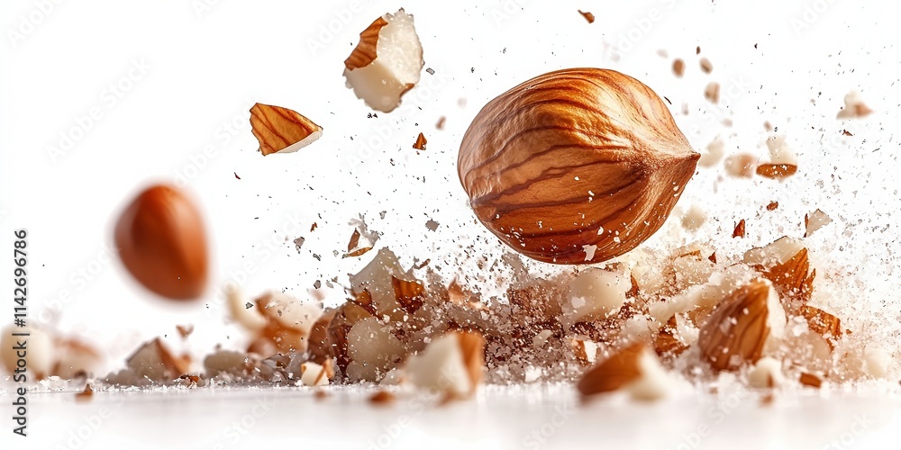 Fototapeta premium Hazelnut shell shattering upon impact against white background, jagged pieces flying out with nut inside still intact.