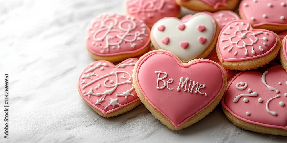 Heart-shaped sugar cookies with pink and red icing arranged in stack on stark white background, detailed with intricate patterns and messages like Heart-shaped sugar cookies with pink and red icing arranged in stack on stark white background, detailed with intricate patterns and messages like