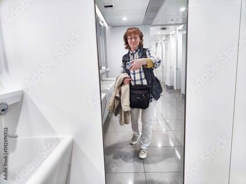 A middle-aged woman takes a mirror selfie while enjoying a moment at a public restroom during her day out