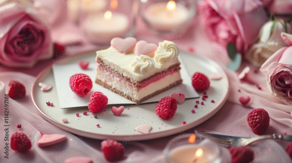 Romantic cake decorated with candles and blank card set against a soft pink background Romantic cake decorated with candles and blank card set against a soft pink background