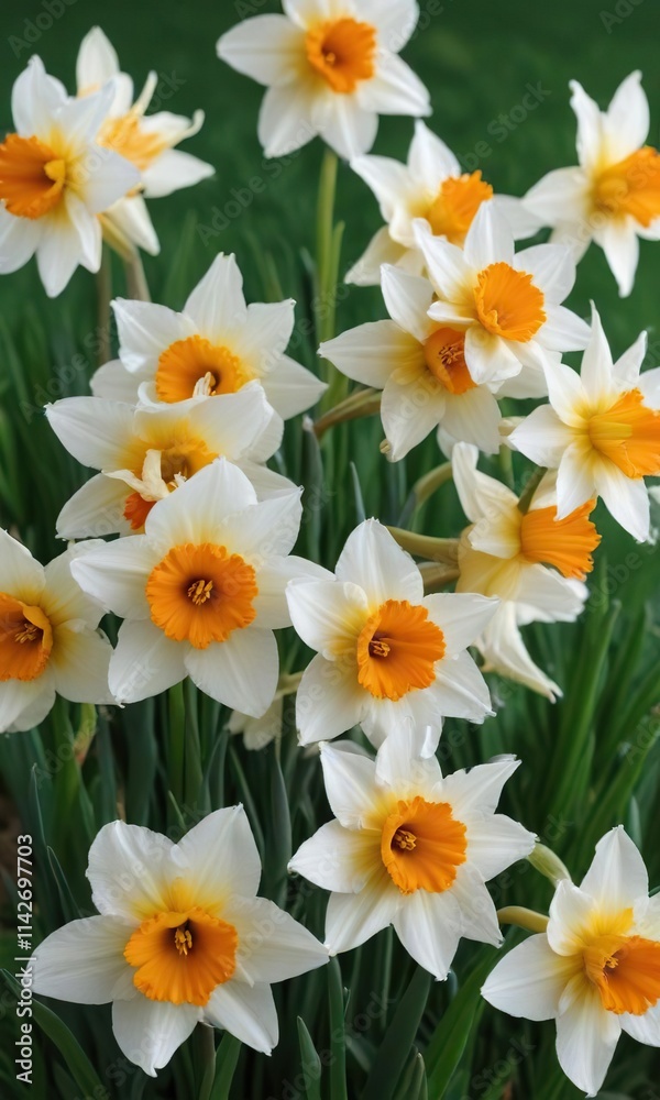 Cluster of white and orange daffodil blooms against a green background, environment, vibrant blooms, springtime, botanical, textured Cluster of white and orange daffodil blooms against a green background, environment, vibrant blooms, springtime, botanical, textured