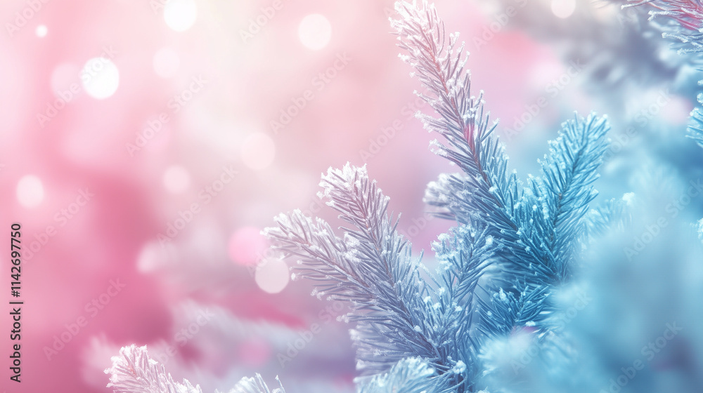 Frosted evergreen branch with a pink bokeh background