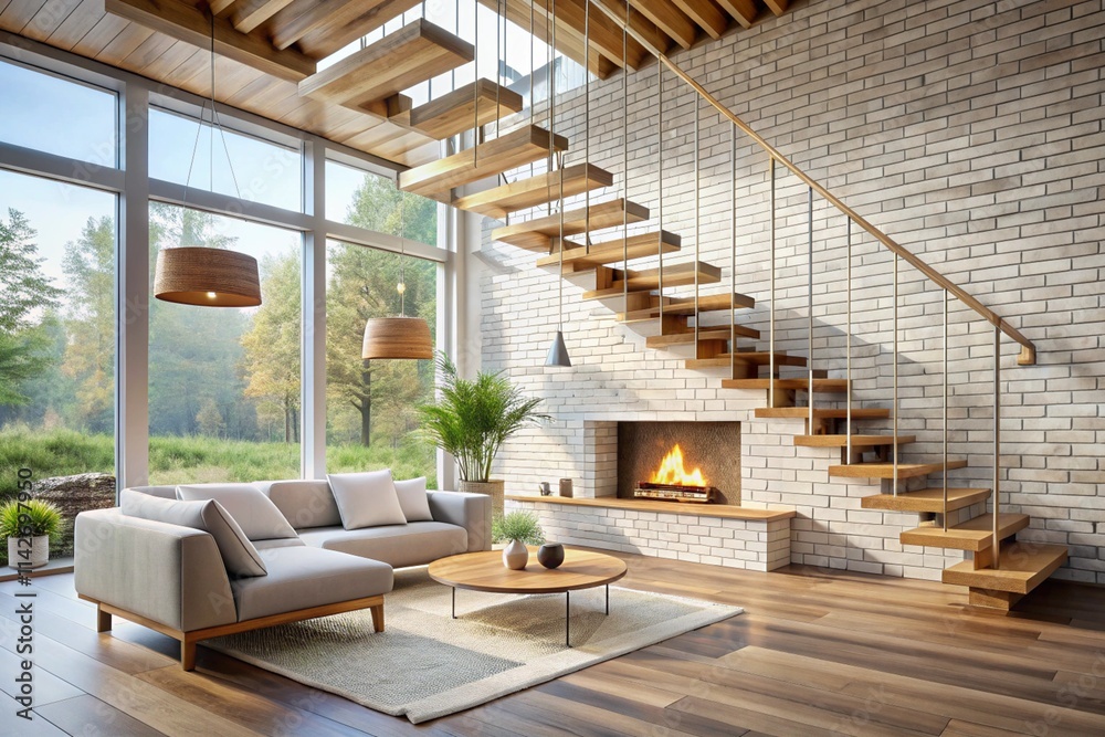 A light-filled, modern living room with a wooden staircase, fireplace, and large windows overlooking a landscape. A beige sofa and coffee table are visible.
