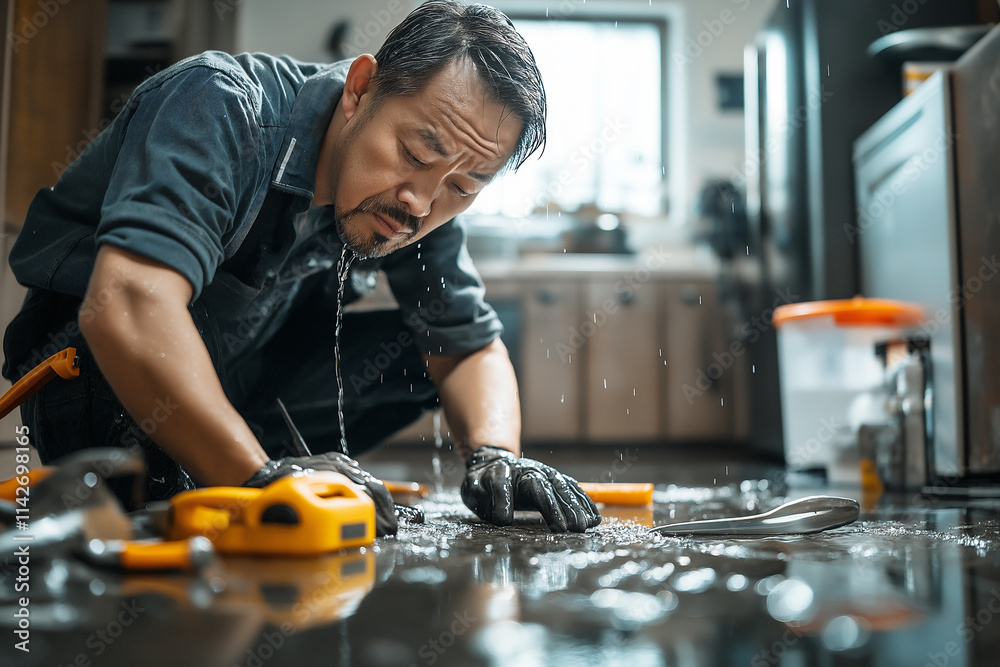 Frustration mounts as a man struggles with a persistent leak in his kitchen. Generative AI Frustration mounts as a man struggles with a persistent leak in his kitchen. Generative AI