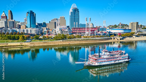 Aerial of Cincinnati Skyline with Riverboat on Ohio River