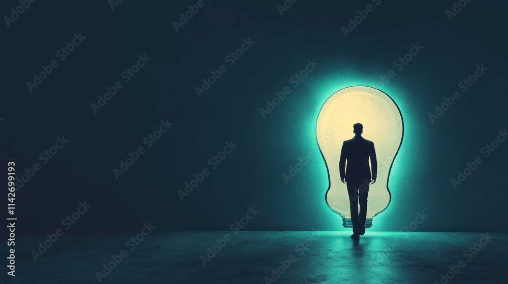Obraz premium A silhouette of a man walking towards a glowing lightbulb, symbolizing ideas and inspiration.