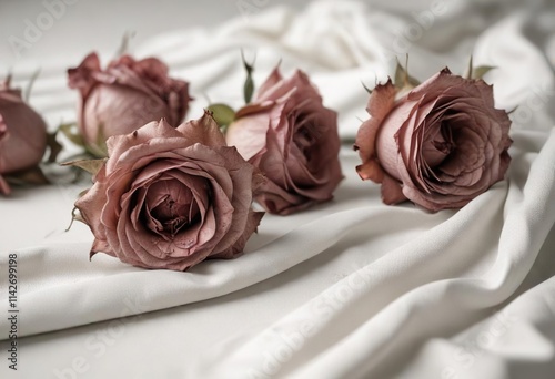 Desaturated image of dead roses on white fabric, lifeless blooms, faded hues, colorless