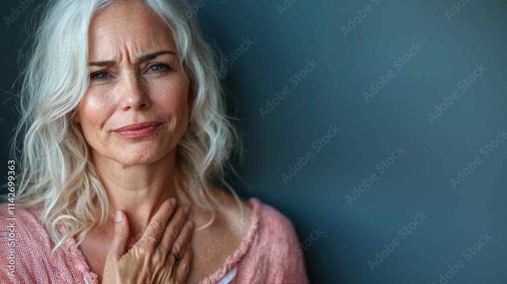 Woman with pain on heart, Mature female presses hand to chest has heart attack suffers from unbearable pain Woman with pain on heart, Mature female presses hand to chest has heart attack suffers from unbearable pain