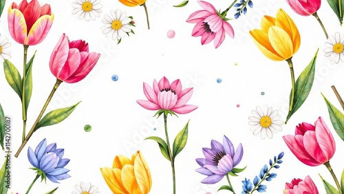 pattern of spring flowers tulips, daisies, peonies, soft pastel of pink on a white background, fabric prints, wrapping paper, or design,illustration , watercolor, poster, postcard,screensaver, wallpap