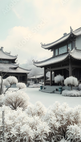 Infrared photography of  traditional Chinese buildings and plants, masterpiece. isolated with white highlights photo