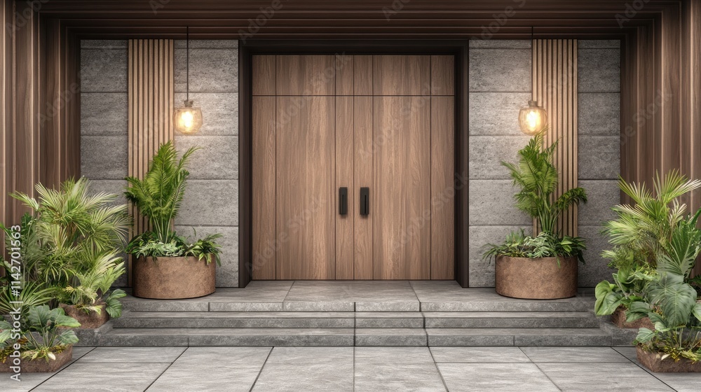 Modern house entrance with wooden double doors, stone steps, and potted plants. Modern house entrance with wooden double doors, stone steps, and potted plants.