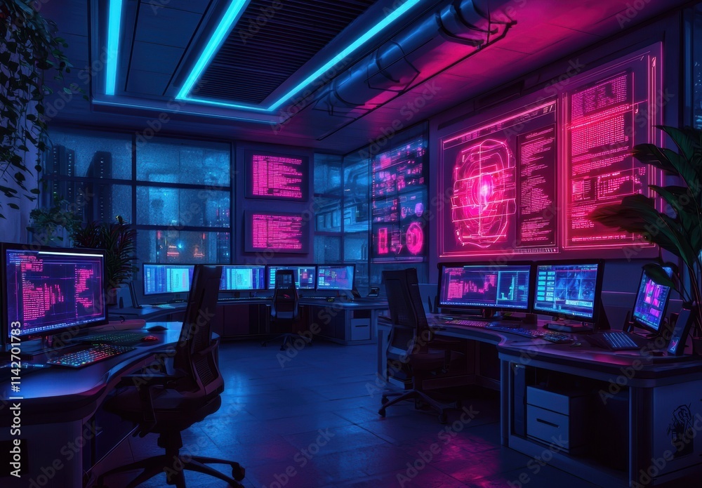 Futuristic Tech Office with Neon Lights and Multiple Computer Screens Futuristic Tech Office with Neon Lights and Multiple Computer Screens
