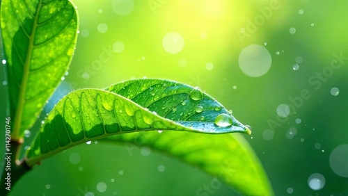 Landscape fresh green leaves covered in water droplets, spring rain. Sunlight shines through the leaves, rain droplets, spring, gardening, poster, postcard, screensaver, wallpaper 
 photo